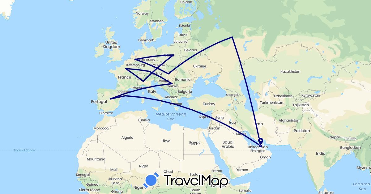TravelMap itinerary: driving in United Arab Emirates, Germany, Spain, France, Hungary, Italy, Netherlands, Poland, Serbia, Russia (Asia, Europe)